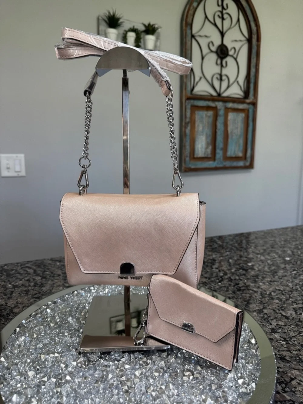 Nine West Rose Blush metallic Crossbody Bag with Matching Card Case NEW